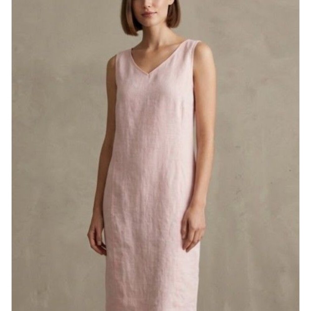 J Jill Love Linen Size M Pink Shift Dress V-Neck Sleeveless 100% Linen Coastal